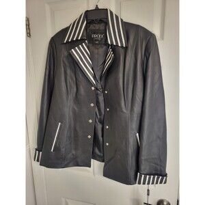 Prodi Women's Lambskin Leather Jacket Black/White Stitch Detail Button XXL New